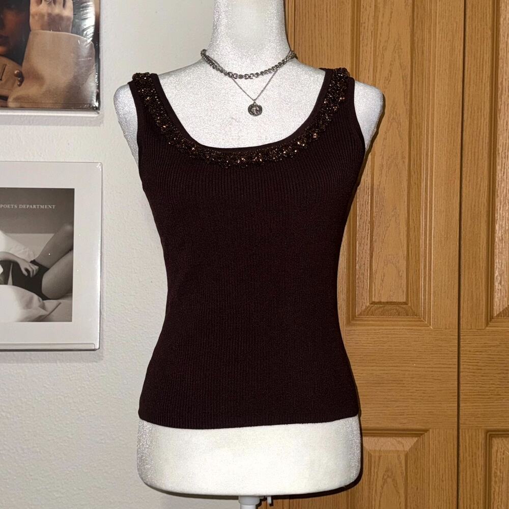 Belldini Y2K Tank Top Women Small Brown Ribbed Knit Beaded Scoop Neck Sleeveless